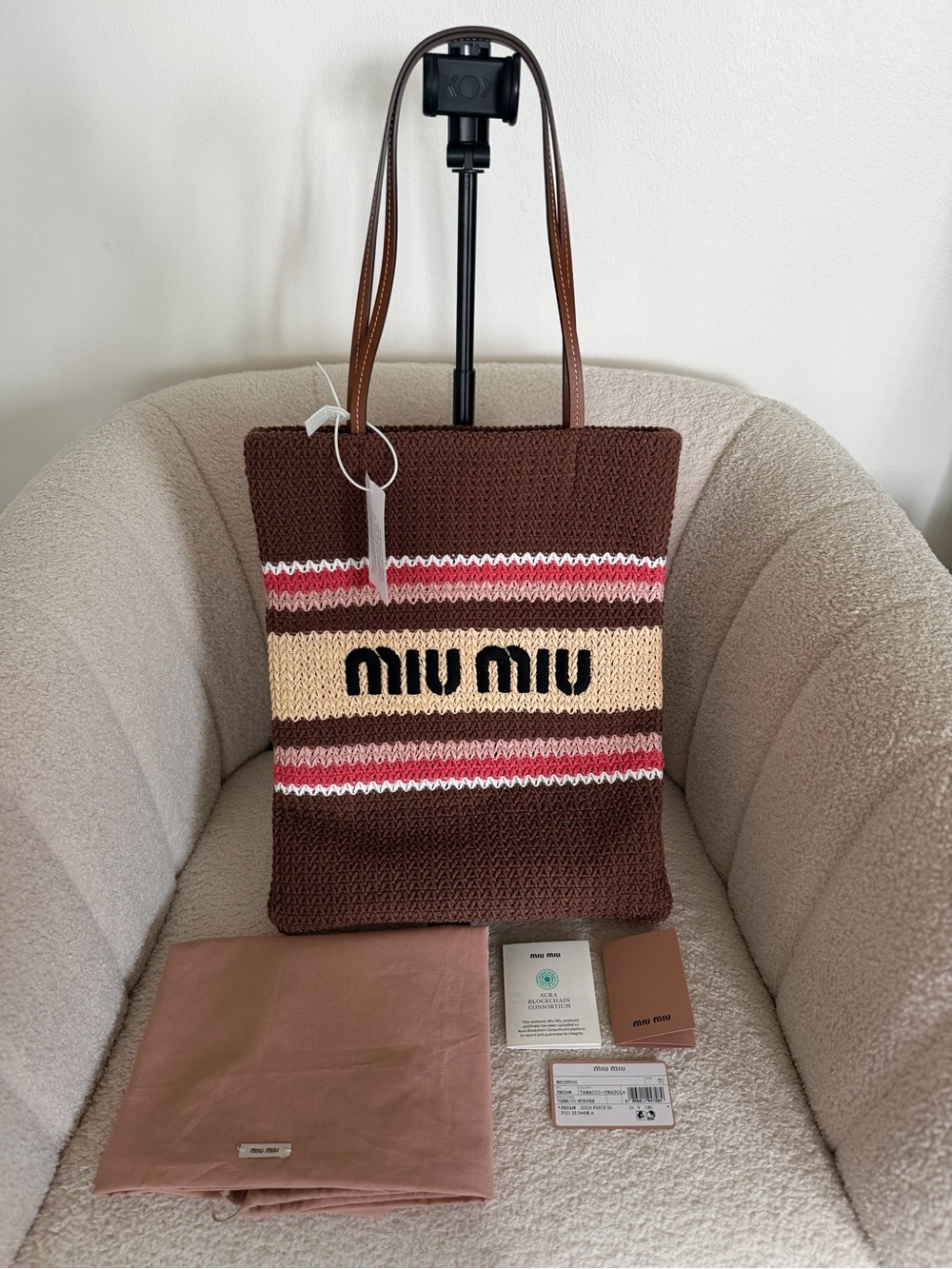 Miu Miu Crochet Knit Shopping Tote Bag Brown Pink Striped Large Raffia-effect - Picture 13 of 14